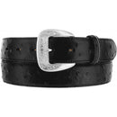 Men's Tony Lama black leather dress belt with an ostrich print texture, overlay accents and a silver-plated buckle. Front View