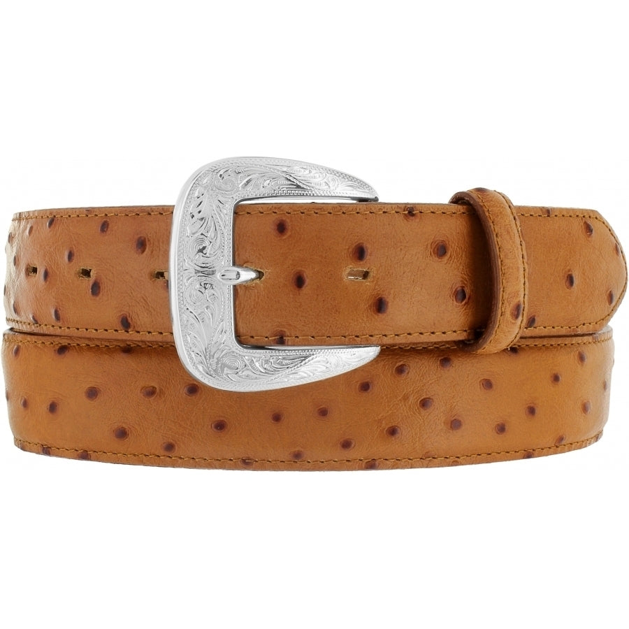 Men's Tony Lama tan ostrich print leather dress belt with a silver-plated buckle. Front View