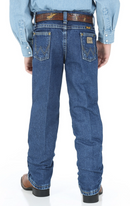 Back view of Wrangler George Strait heavyweight stone denim cowboy cut original fit jeans for little boys, displaying the back pockets and straight leg.