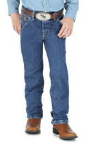 Front view of little boys' Wrangler George Strait heavyweight stone denim cowboy cut original fit jeans.