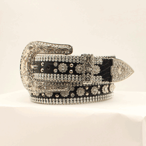 Women's black gator print belt with crystals and coordinating 3-piece buckle set. Buckle is removable.
