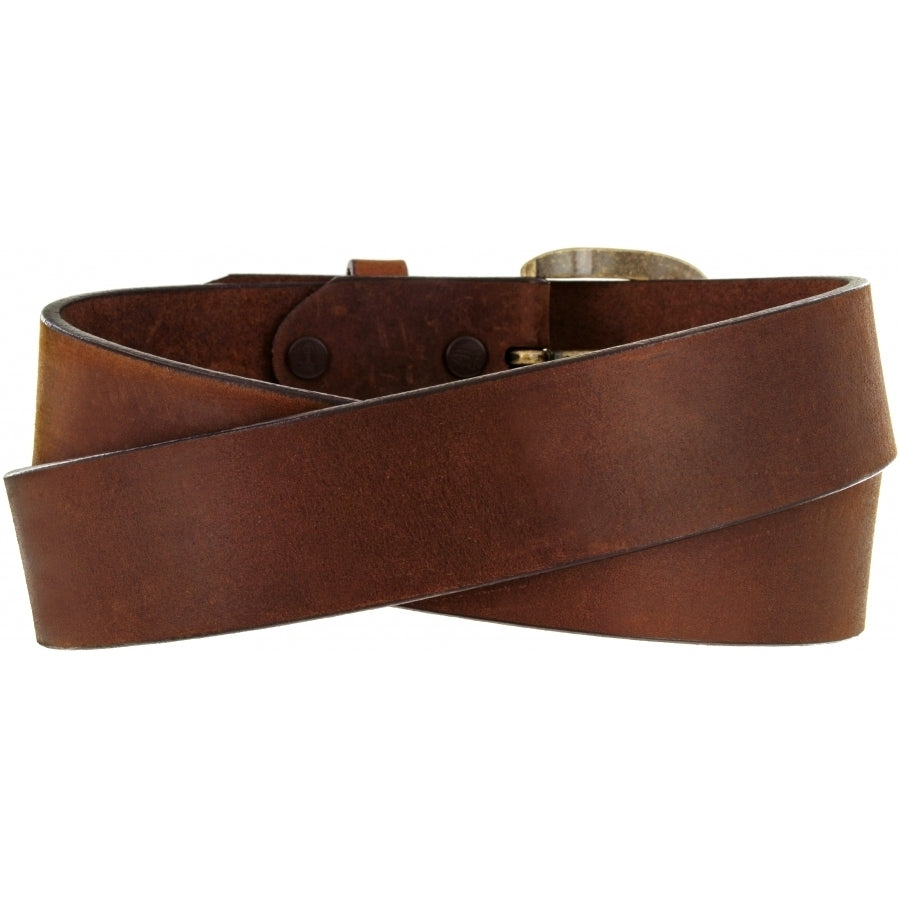Men's brown leather basic belt with a brass buckle.  Rear View