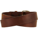 Men's brown leather basic belt with a brass buckle.  Rear View