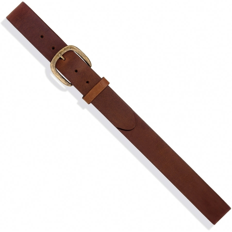 Men's brown leather basic belt with a brass buckle. Top view.