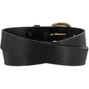 A Men's basic black leather work belt with a brass buckle. Rear View