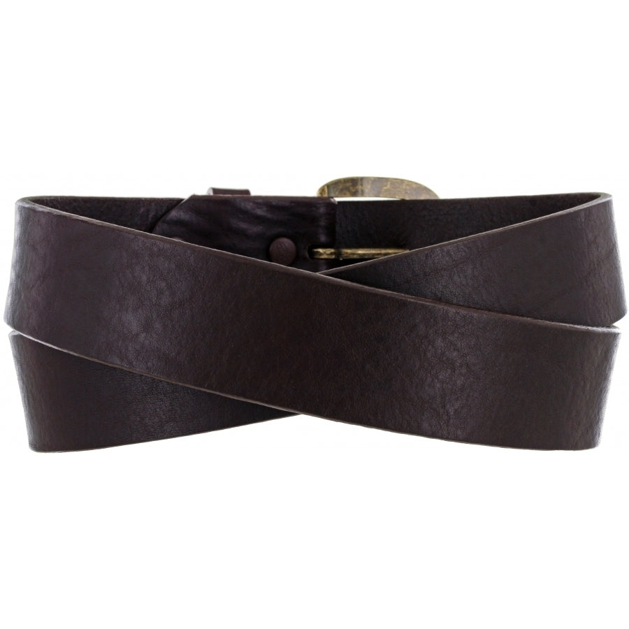 Men's Justin brown leather belt with a brass buckle. Rear View