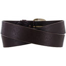 Men's Justin brown leather belt with a brass buckle. Rear View
