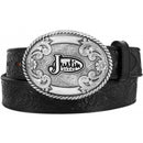 A black Western style leather belt with a Justin Brand logo trophy buckle, featuring engraved patterns on the leather and a silver finish. Front View