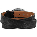 A black Western style leather belt with a Justin Brand logo trophy buckle, featuring engraved patterns on the leather and a silver finish. Rear View