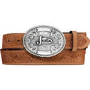 A tan Western style leather belt with a Justin Brand logo trophy buckle, featuring engraved patterns on the leather and a silver finish. Front View