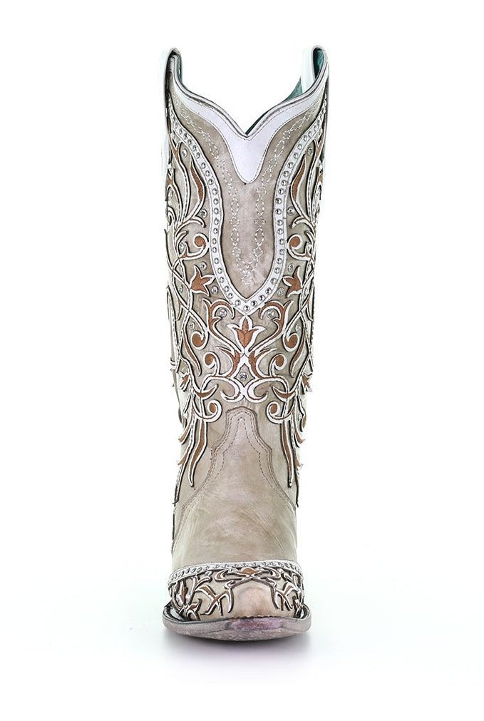 Women's Corral A3837 13" White Overlay & Embroidery with Studs & Crystals Snip Toe
