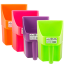 A set of enclosed plastic feed scoops in orange, pink, purple, and green colors.