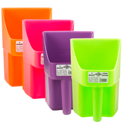A set of enclosed plastic feed scoops in orange, pink, purple, and green colors.