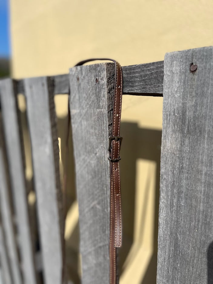Close up view of a Coffee Brown adjustable shoulder strap. 