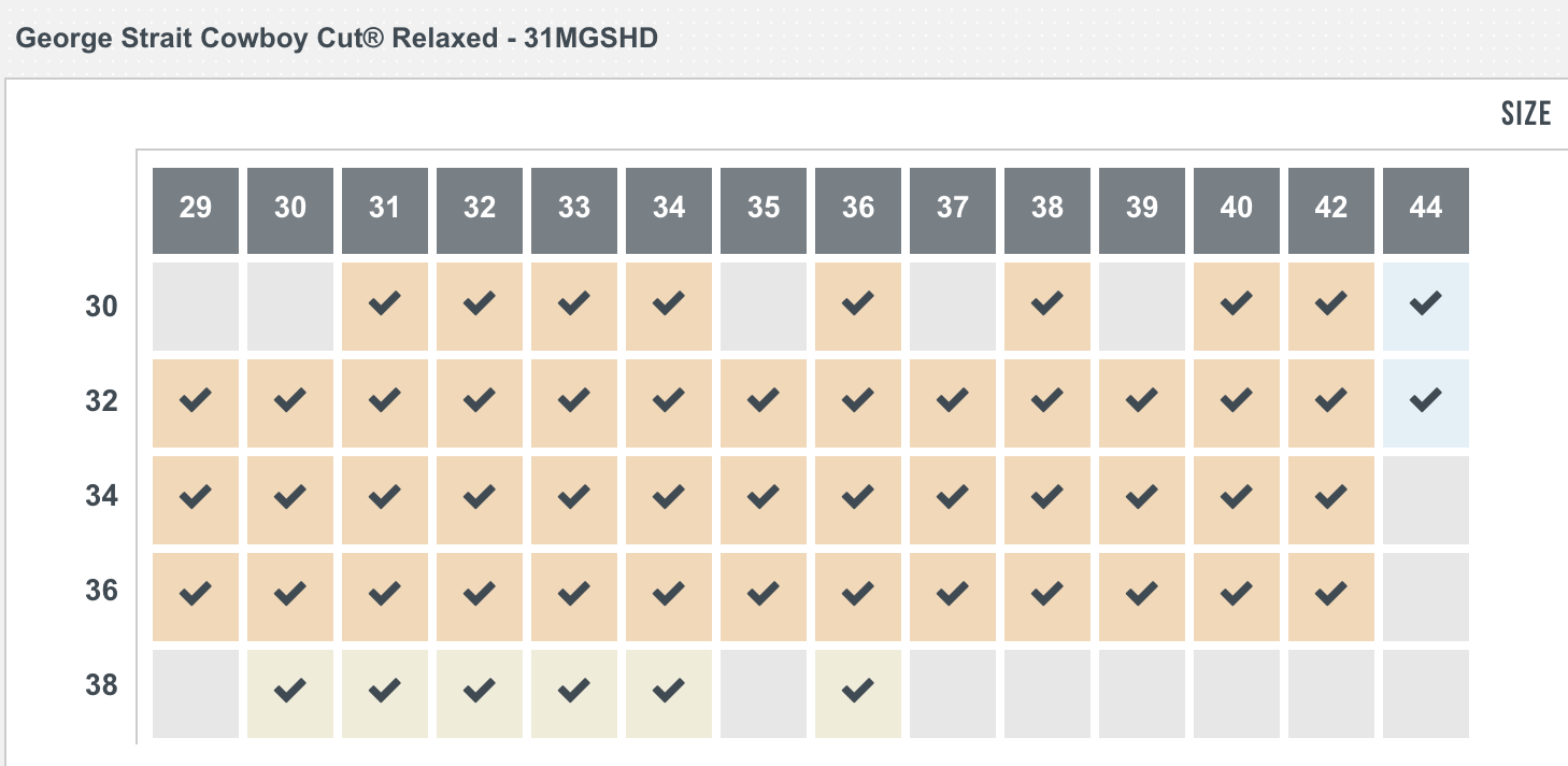 Size scale showing which sizes are currently manufactured in the George Strait relaxed fit cowboy cut jeans. Subject to change without notice.