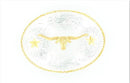 Nocona men's western with a shiny silver tone oval shaped buckle, a shiny gold rope edge and a longhorn motif with 2 shiny gold tone stars on each side.