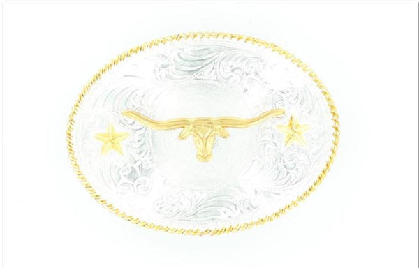 Nocona men's western with a shiny silver tone oval shaped buckle, a shiny gold rope edge and a longhorn motif with 2 shiny gold tone stars on each side.