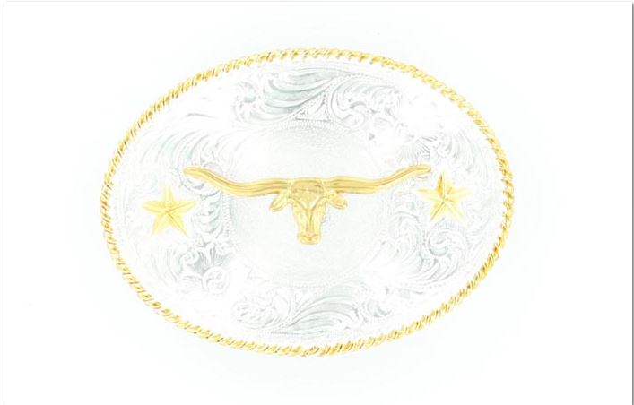 Nocona men's western with a shiny silver tone oval shaped buckle, a shiny gold rope edge and a longhorn motif with 2 shiny gold tone stars on each side.