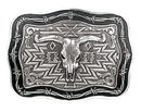 A rectangular belt buckle with a southwestern design featuring a cow skull and barbed wire edging.