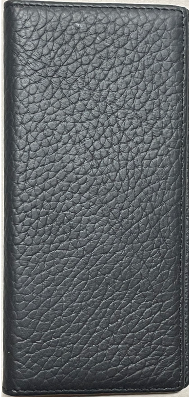 Black pebbled leather tall wallet. 