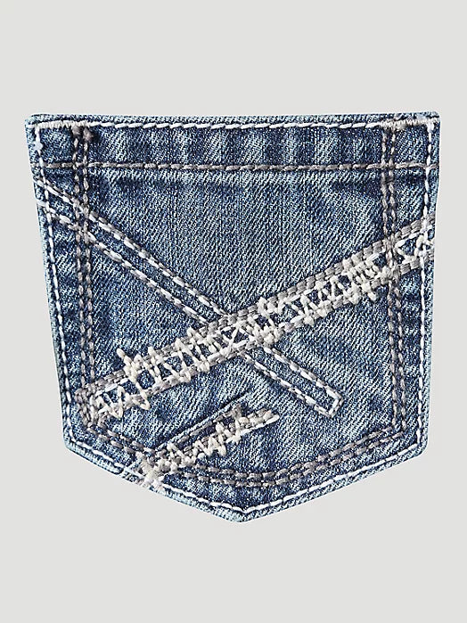 Back pocket detail of boys' low rise bootcut jeans.