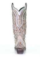 Women's Corral 13" White Overlay & Embroidery with Studs & Crystals Snip Toe