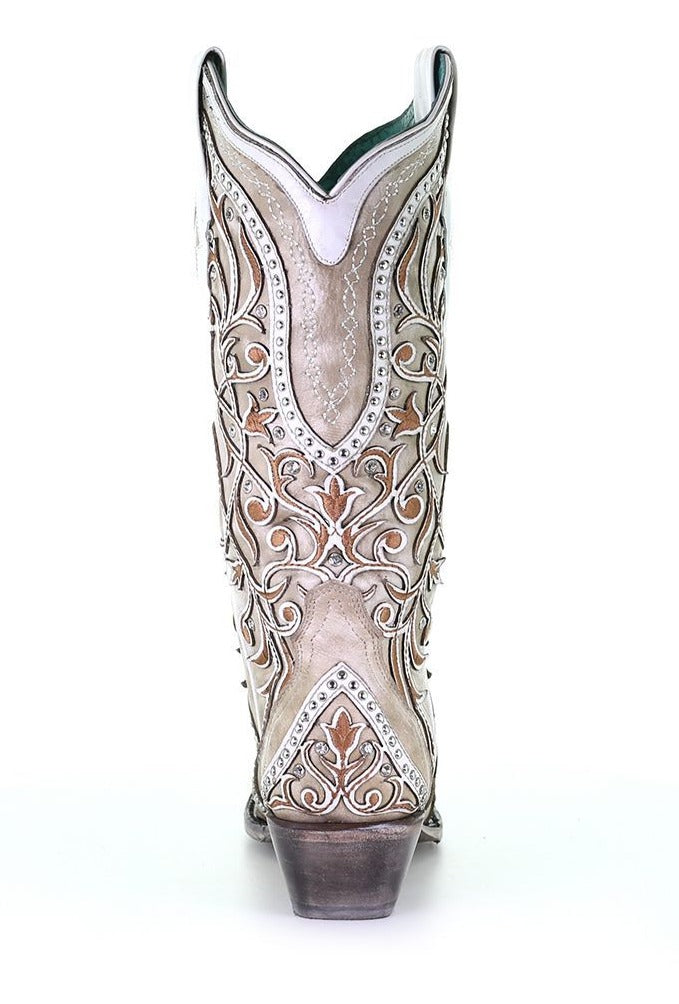 Women's Corral A3837 13" White Overlay & Embroidery with Studs & Crystals Snip Toe