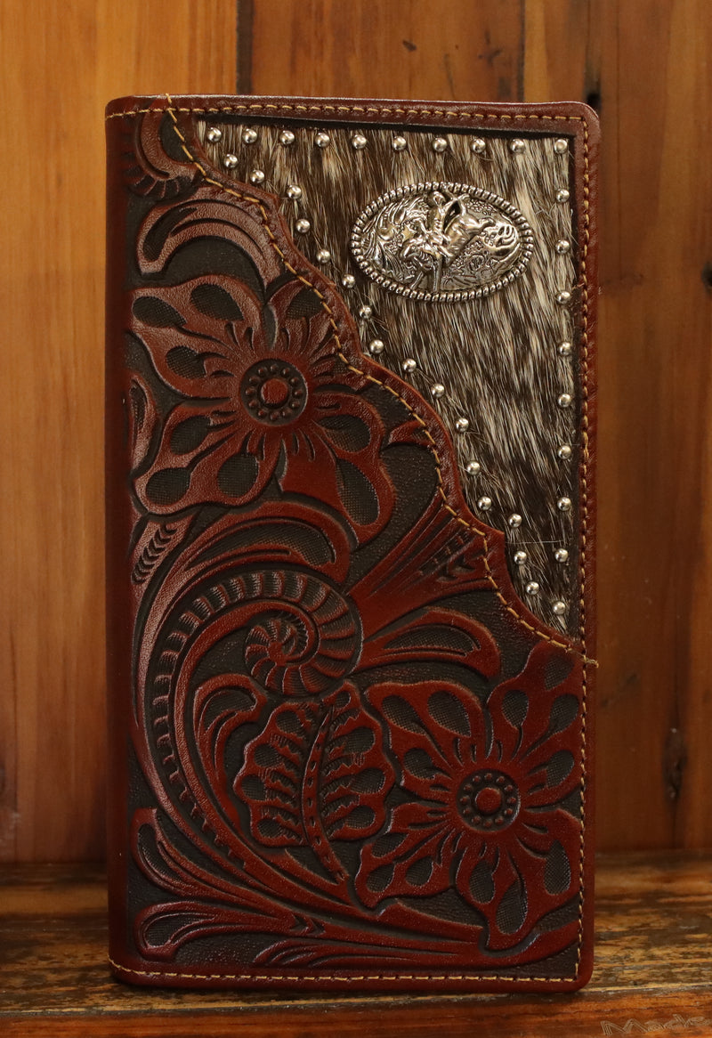 Top Notch Accessories 5028BR Brown Floral Hair on Bull Rider Concho Wallet