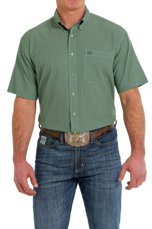 Men's Cinch MTW1704117 Short Sleeve ArenaFlex Button Down Shirt Green Print