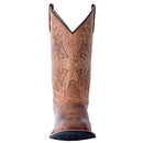 A front view of a women's Laredo 5602 11 inch tan leather boot with a square toe and floral embossing on the shaft.