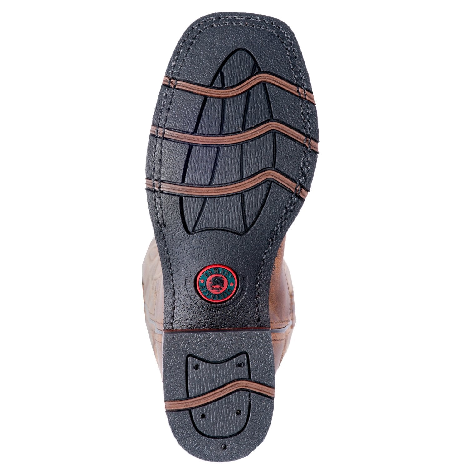 A rubber outsole view of a women's Laredo 5602 11 inch tan leather boot with a square toe and floral embossing on the shaft.