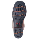 A rubber outsole view of a women's Laredo 5602 11 inch tan leather boot with a square toe and floral embossing on the shaft.