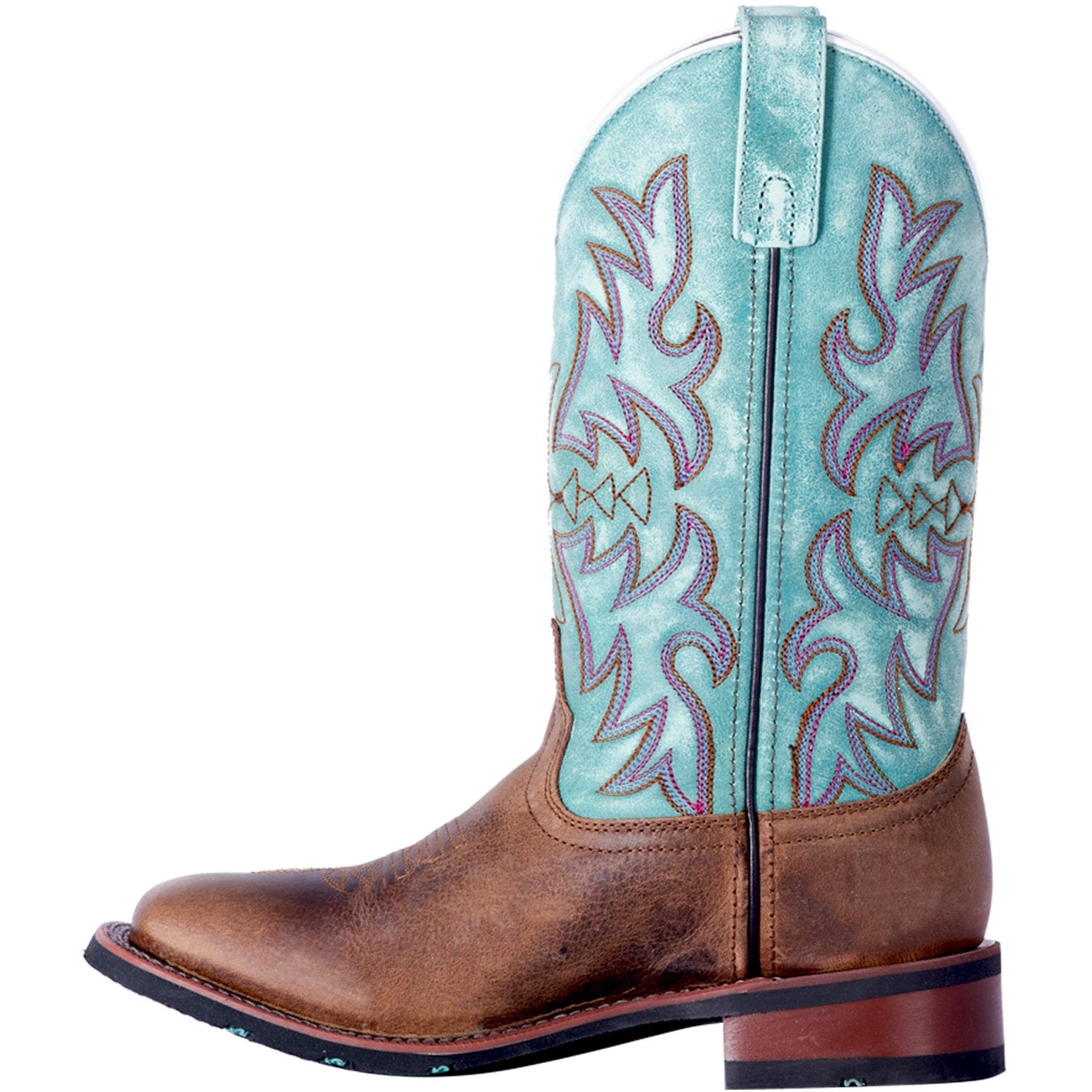 A instep profile view of a women's Laredo 5607 11" Tan Anita Leather Wide Square Toe Boot with blue embroidery on the shaft.