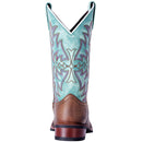 A heel view of a women's Laredo 5607 11" Tan Anita Leather Wide Square Toe Boot with blue embroidery on the shaft.