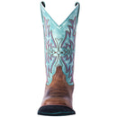 A front view of a women's Laredo 5607 11" Tan Anita Leather Wide Square Toe Boot with blue embroidery on the shaft.