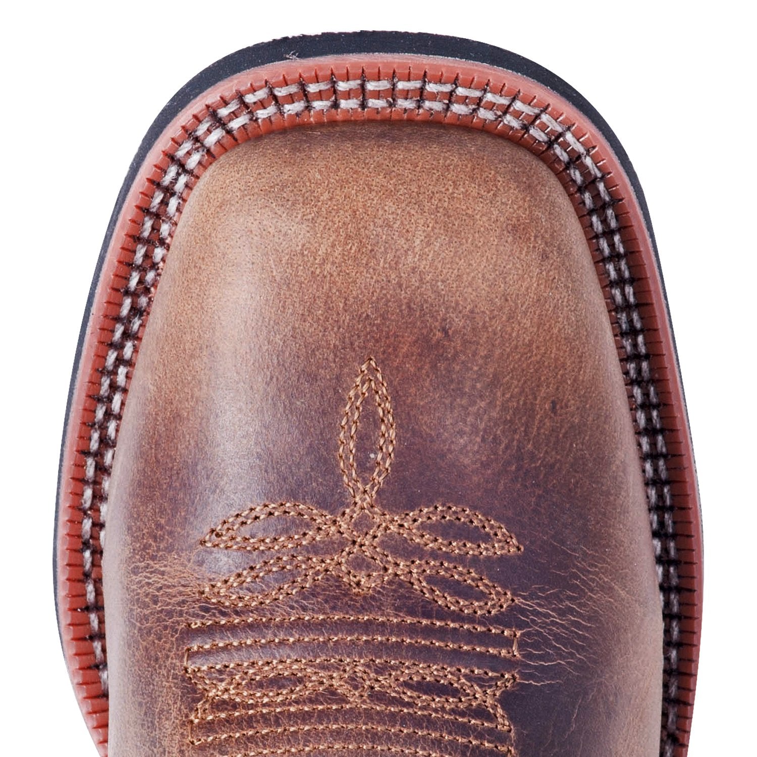 A toe profile view of a women's Laredo 5607 11" Tan Anita Leather Wide Square Toe Boot with blue embroidery on the shaft.