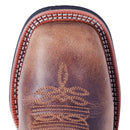 A toe profile view of a women's Laredo 5607 11" Tan Anita Leather Wide Square Toe Boot with blue embroidery on the shaft.