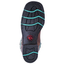 A rubber outsole view of a women's Laredo 5607 11" Tan Anita Leather Wide Square Toe Boot with blue embroidery on the shaft.