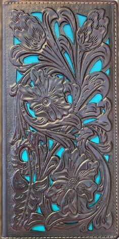 Coffee Brown tooled leather tall wallet with Turquoise inlay. Front View
