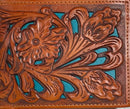 Light Brown tooled leather bifold wallet with a Turquoise inlay. 