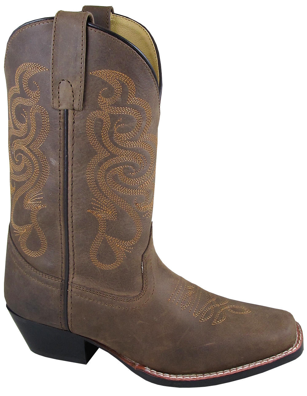 Women's brown leather narrow square toe boot with a western heel and distressed details and stitching on top. Side view