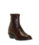 A men's short side zip square toe boot in black cherry color with a rubber outsole and a 1 1/2 inch western heel.