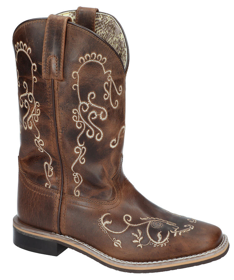 A women's brown leather cowboy boot with scroll embroidery and a square toe. Angled side view
