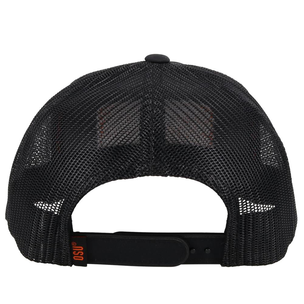 Hooey x Oklahoma State University Cowboys Black 6 panel snapback trucker cap with mesh back. Features a Cowboys patch on front and a small Hooey logo on side. Rear view stock photo.