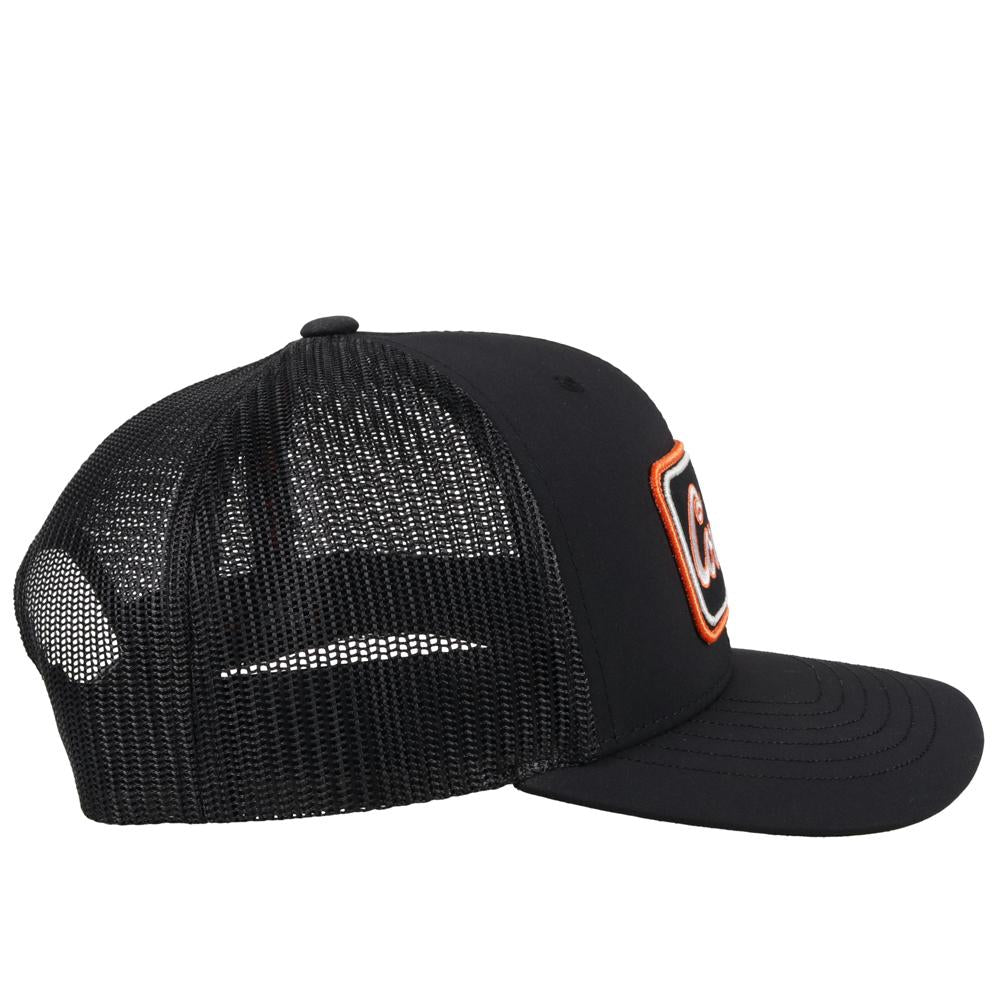 Hooey x Oklahoma State University Cowboys Black 6 panel snapback trucker cap with mesh back. Features a Cowboys patch on front and a small Hooey logo on side. Side view stock photo. 