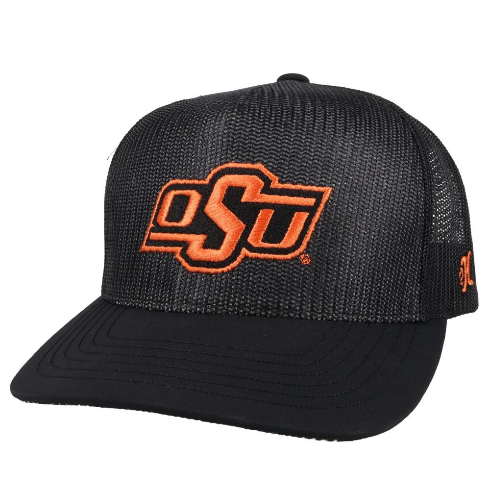 Oklahoma State University Hooey snapback trucker cap. Solid black, mesh back with OSU embroidery. Front View Stock Photo 
