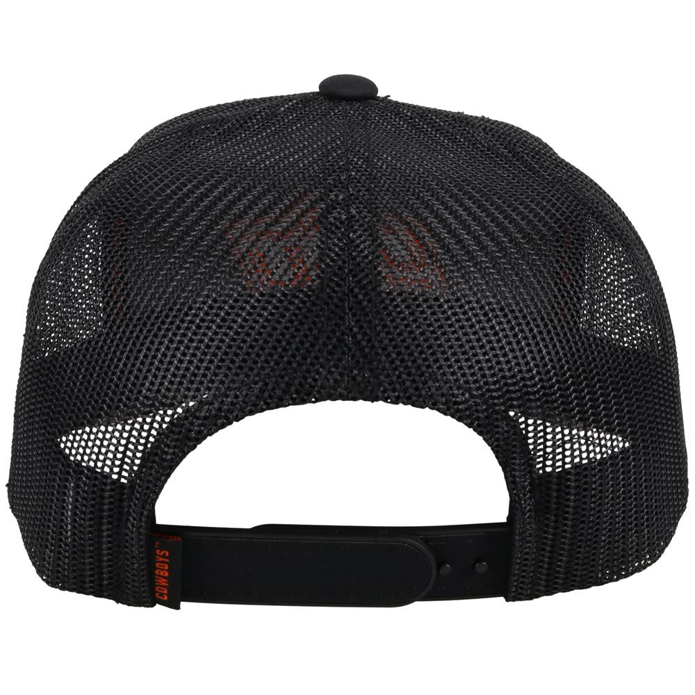Oklahoma State University Hooey snapback trucker cap. Solid black, mesh back with OSU embroidery. Rear view stock photo showing Cowboys tag on side of snapback. 