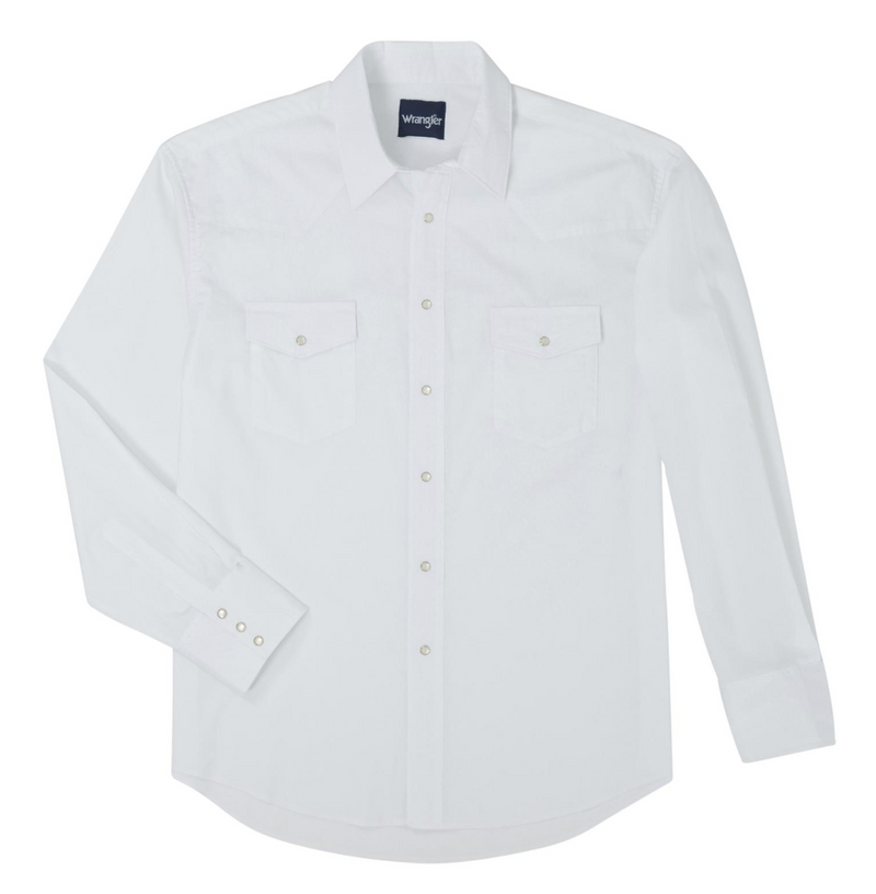 Men's Wrangler 71105WH White Long Sleeve Solid Broadcloth Western Snap Shirt