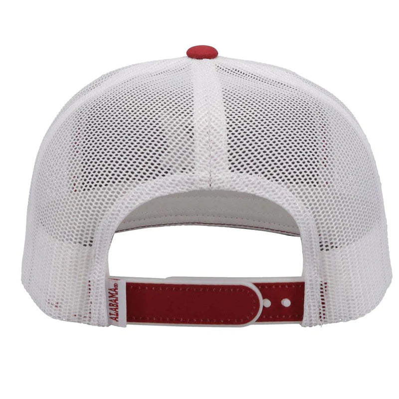 Hooey x University of Alabama A logo Crimson and White snapback trucker cap. Embroidered A logo on front, small H logo on side, white mesh back with red snapback trimmed in white with small Alabama tag. Rear view stock photo 