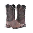 A profile view of a pair of men's Laredo brand square toe cowboy boots with a brown and black design.